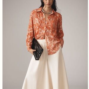 Anthropologie Brielle Relaxed Button-Down Long-Sleeve Blouse Orange Large NEW
